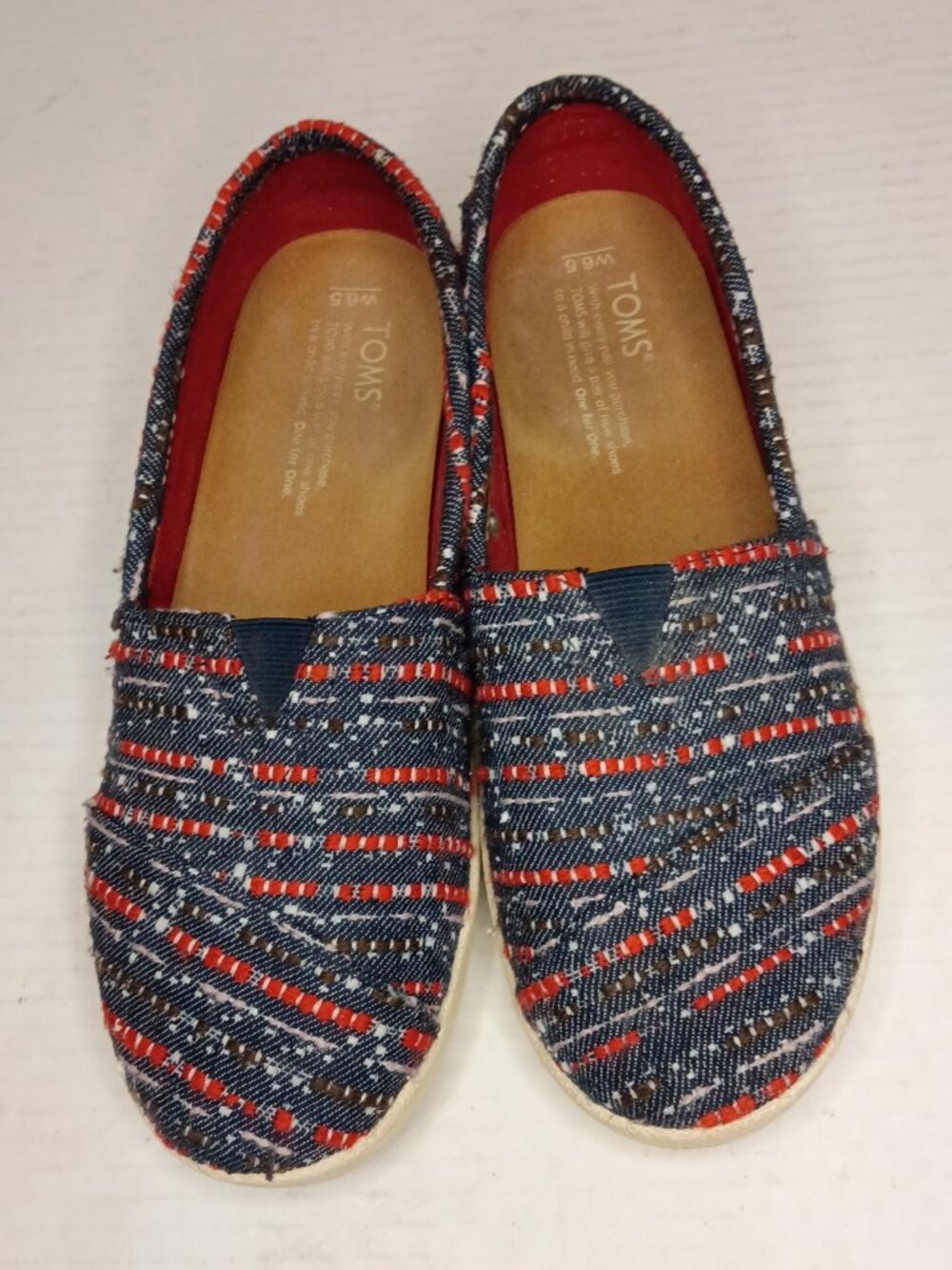 TOMS Classic Alpargata Woven Slip On Shoes Blue Red Women’s Size 6.5